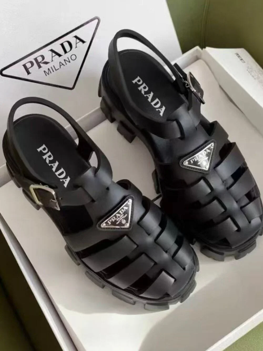 Prada Black Monolith Fisherman Chunky Sandals Triangle Logo
